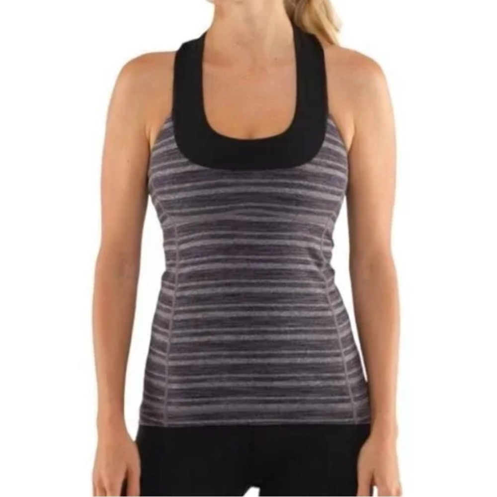 Lululemon Women’s Size 6 grey striped black tank top Stretch Built-in-bra